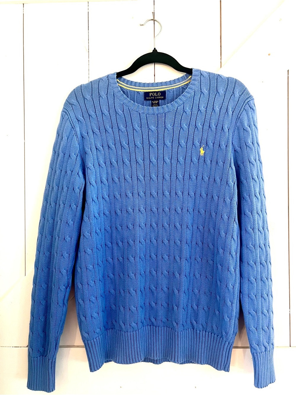 Polo Ralph Lauren Blue Cableknit Sweater Yellow Pony Boys 18-20 or Women S/M 40” - Picture 2 of 8